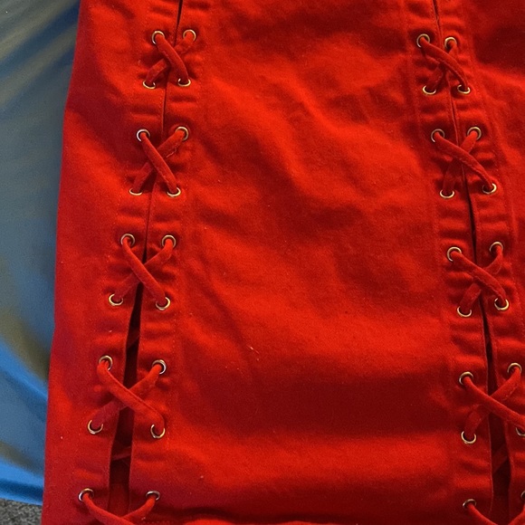 Red Strapless Skinny Dress with Cross Hatches Along The Sides - Picture 7 of 7